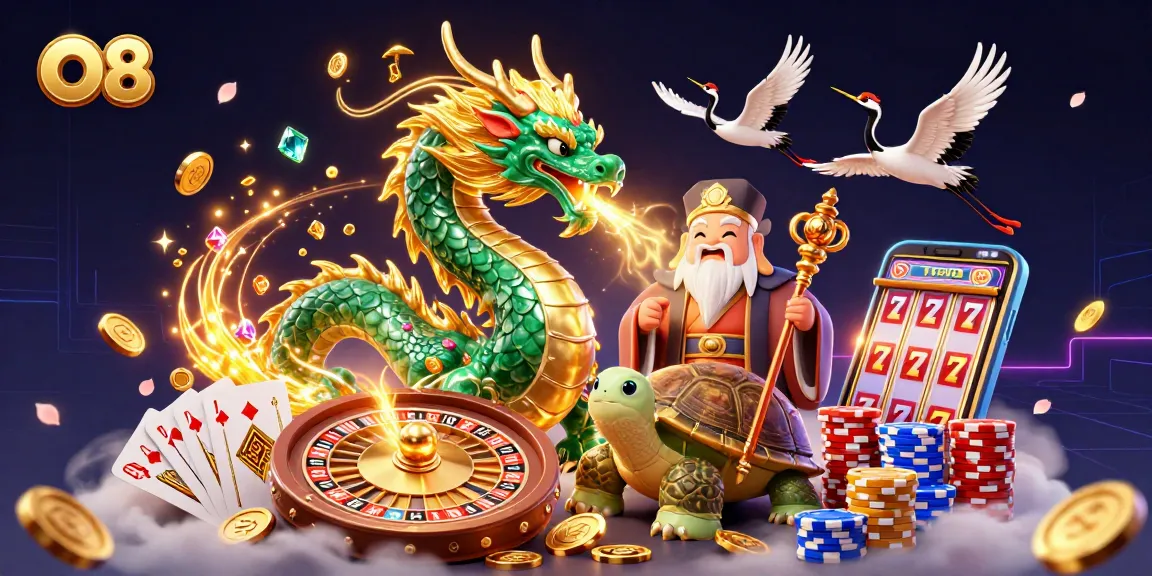 Play thrilling casino games with O8 amidst golden coins and lucky symbols in a vibrant 3D scene.