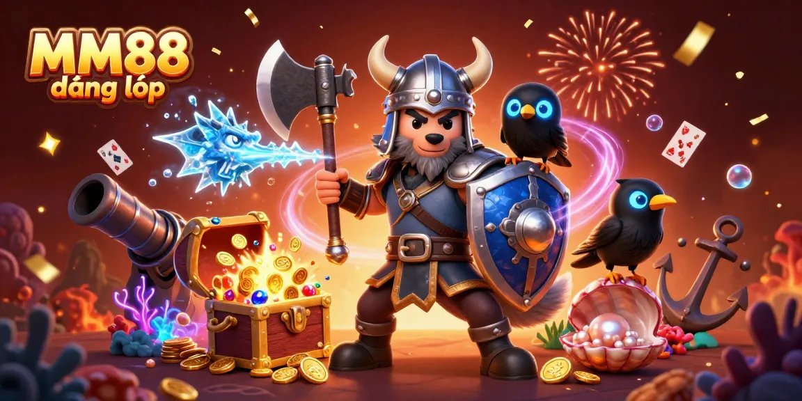 Win big with MM88 đăng nhập in this vibrant 3D casino scene featuring epic characters and exciting game elements.