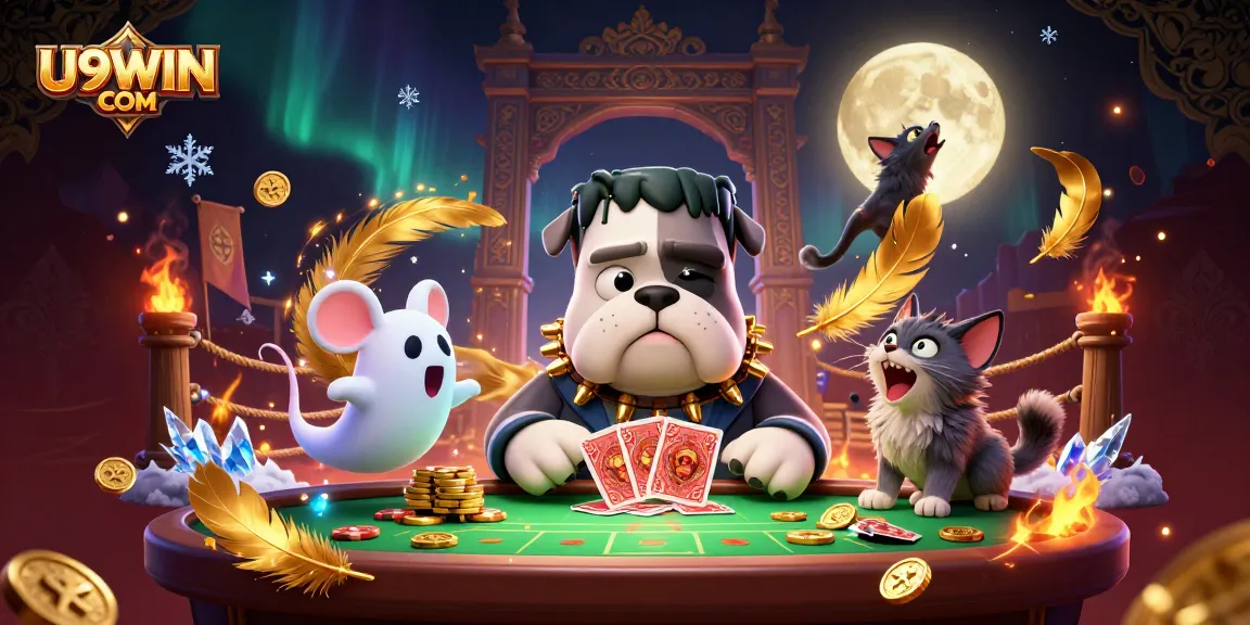Experience thrilling card games at U9WIN COM with a whimsical casino scene showcasing exciting characters.