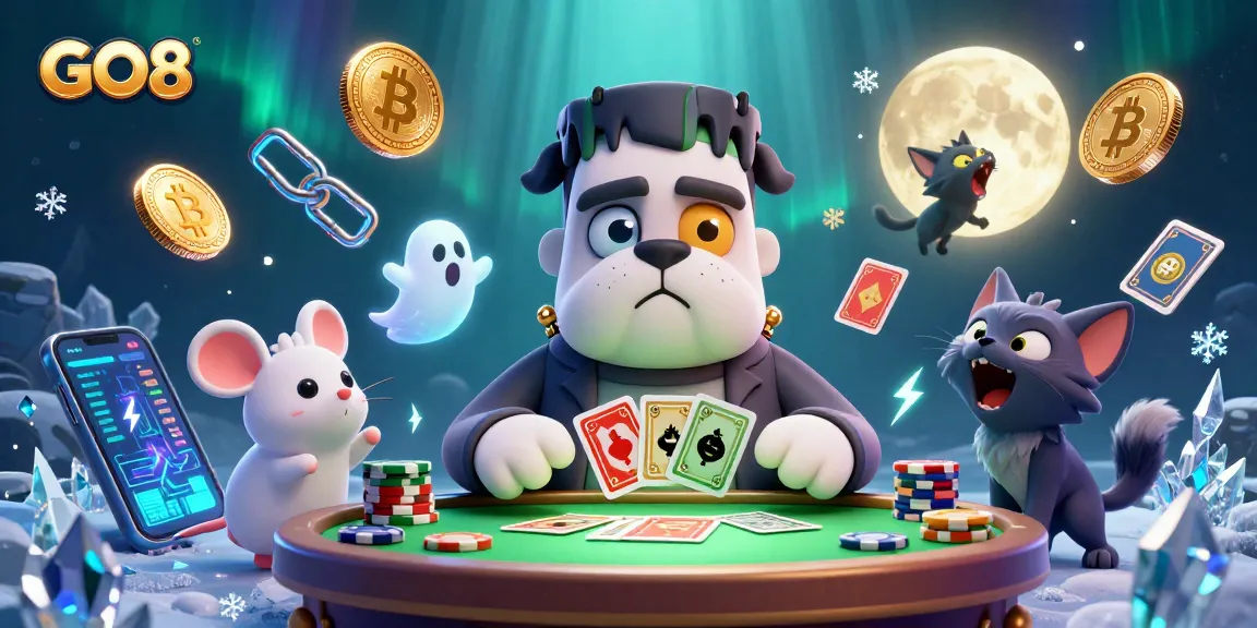 Engage with GO8’s thrilling casino fun featuring a Frankenstein bulldog dealing cards in a ghostly atmosphere.