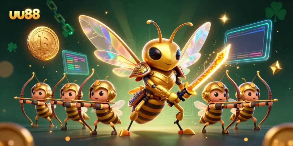 Experience the thrill of uu88 with our 3D illustration showcasing a golden hornet in samurai armor leading a squad of bee archers.