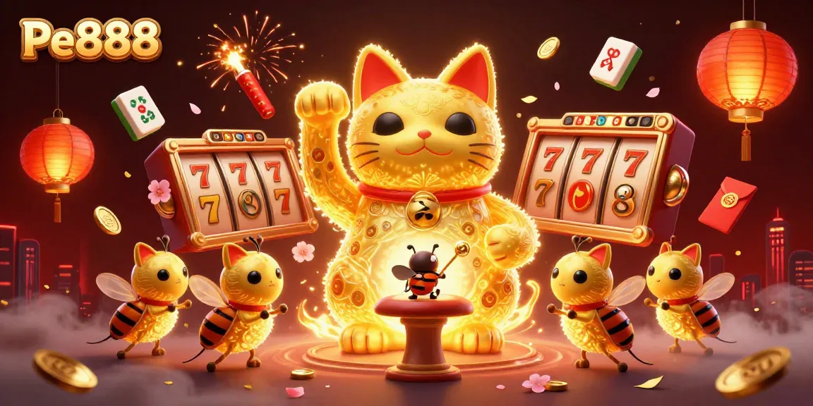 Pe888 showcases a mesmerizing, vibrant illustration of a giant lucky cat made of golden fireflies, symbolizing an immersive online casino atmosphere.