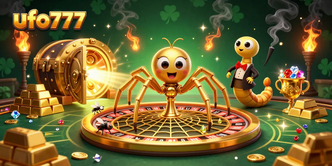 Experience exhilarating gameplay at ufo777 with a dynamic scene featuring a golden spider roulette wheel and vibrant casino treasures.
