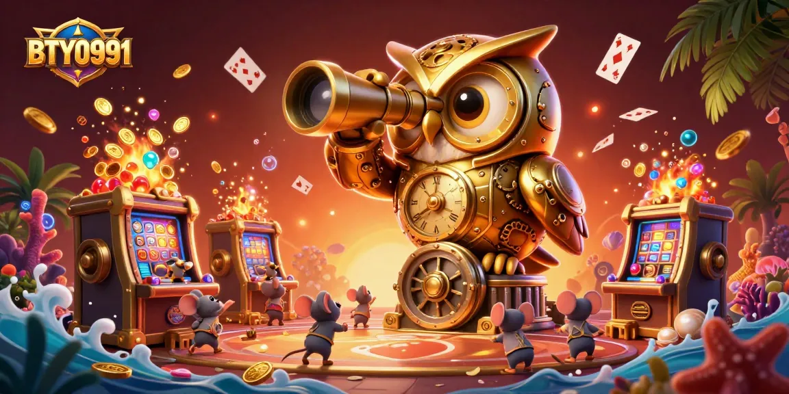 Experience BTY0991 thrills as the golden owl oversees a vibrant casino scene.