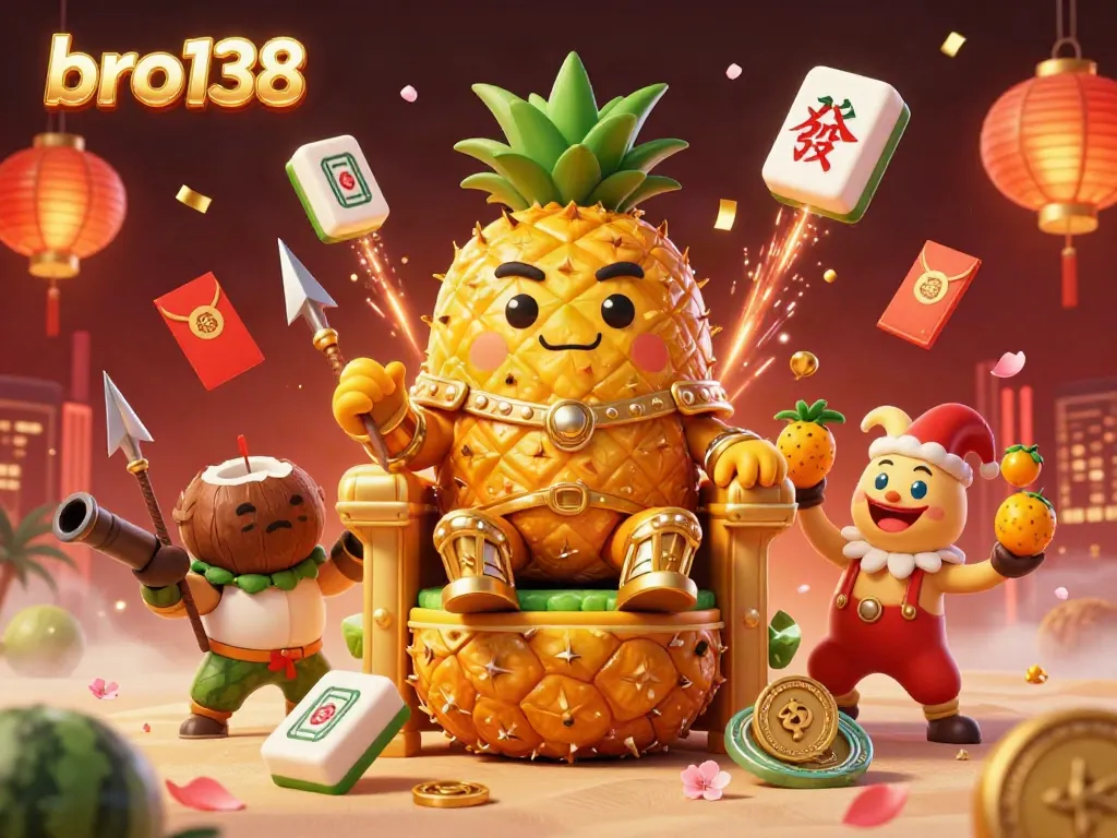 Experience the excitement of gambling with bro138's vibrant beach casino featuring a golden pineapple king.