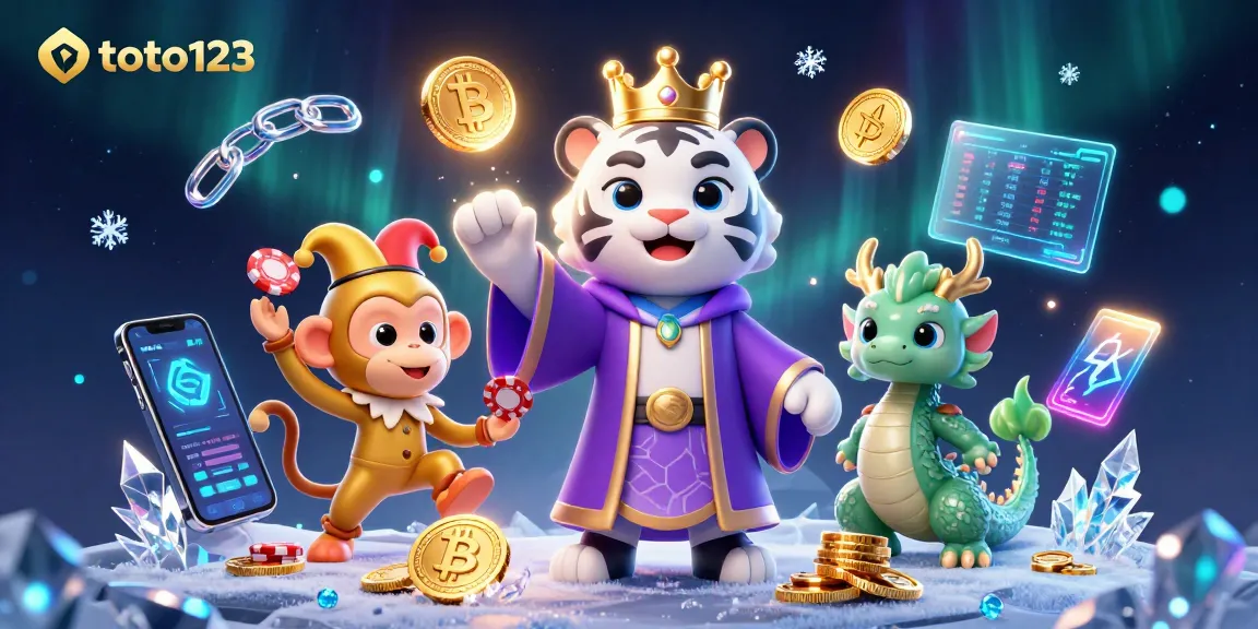 Experience excitement on toto123 with a dynamic illustration of a casino scene featuring a white tiger, monkey, and jade dragon.