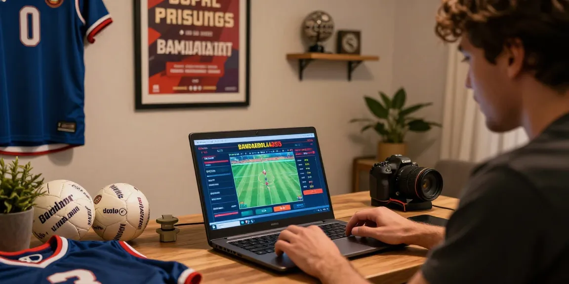 Excited punter celebrating a win on bandarbola855 in a vibrant home office.