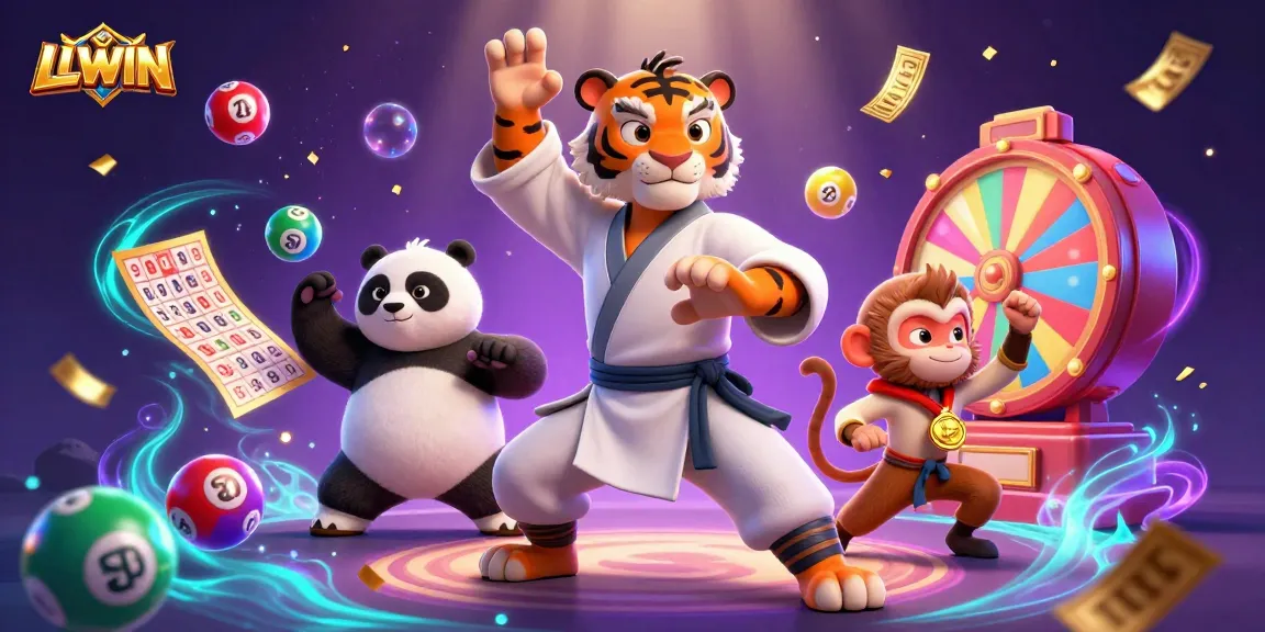 Experience gaming excitement with LLWIN in a vibrant lottery scene full of animated characters and elements.