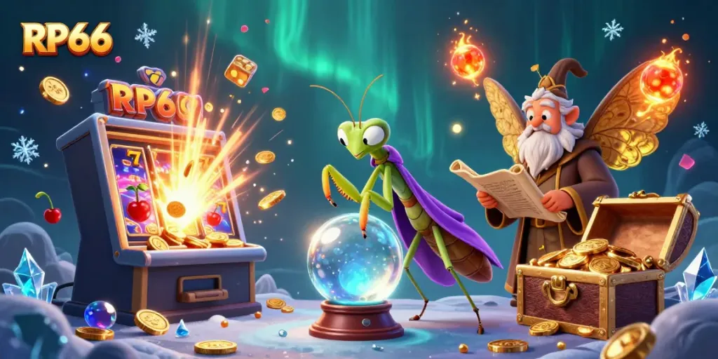 Experience RP66's vibrant slot machine action with characters celebrating a jackpot explosion of coins.