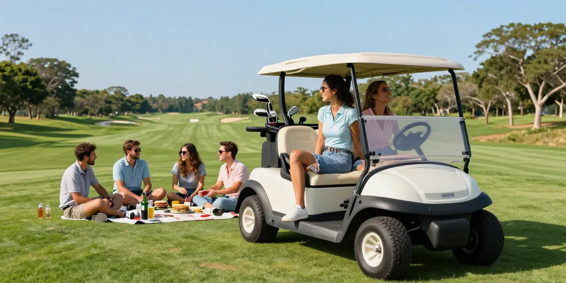 Group of friends with a golf cart lift kit enjoying a sunny day on the golf course.