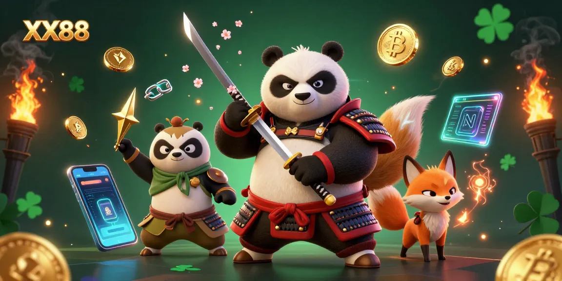 Experience the thrill of XX88 with samurai panda and ninja fox in a vibrant casino scene.
