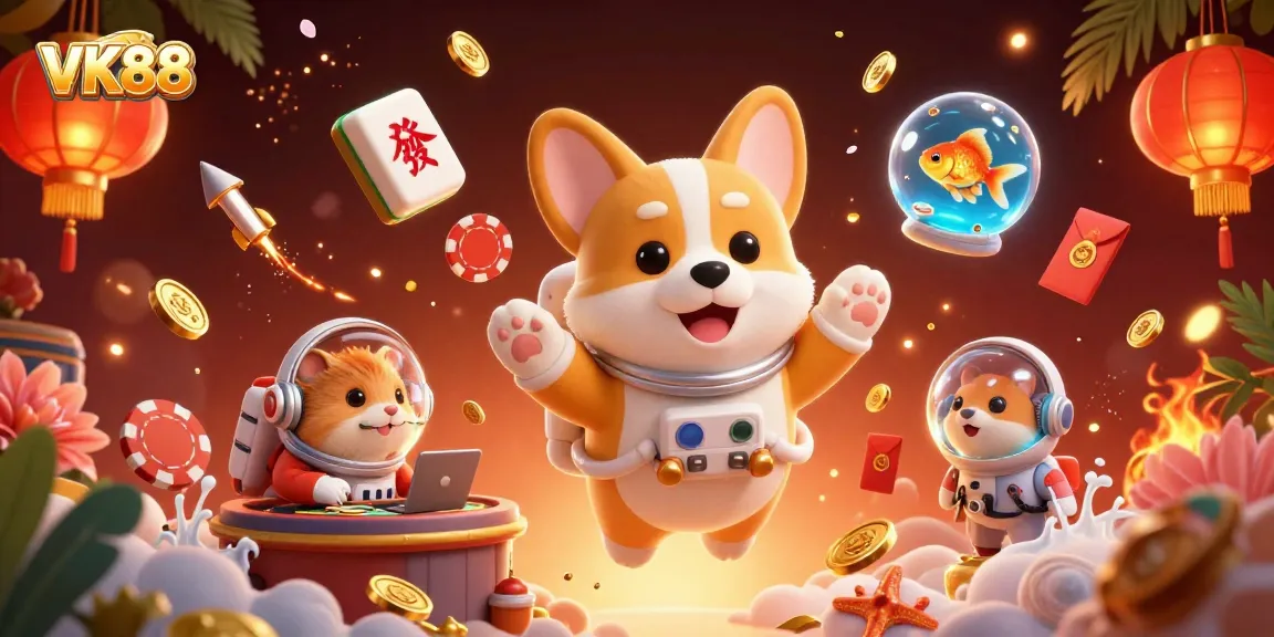 VK88 showcases a thrilling casino scene with a floating astronaut corgi amidst drifting poker chips and coins.