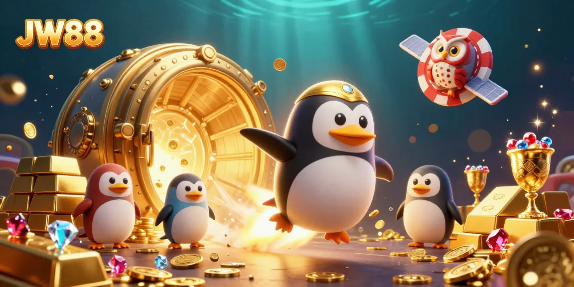 Experience the thrill of JW88 with a golden penguin racing through space in this vibrant casino illustration.