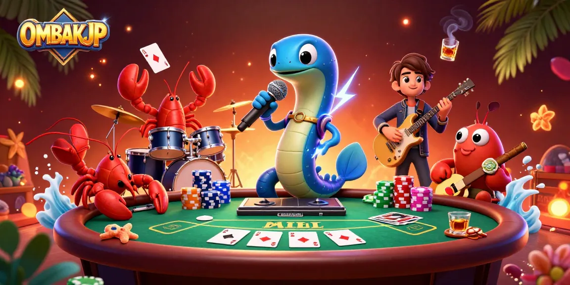 Engage with OMBAKJP through a vibrant casino scene featuring an electric eel DJ and lively poker action.
