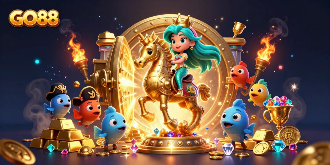 Experience the excitement of GO88 with a vibrant underwater adventure featuring a mermaid, seahorse, and treasures.
