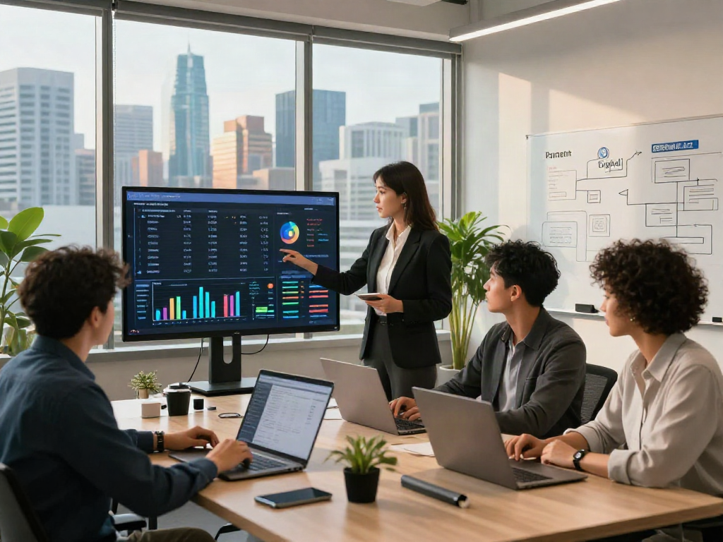 Fintech professionals discussing slot qris payment solutions in a modern office.