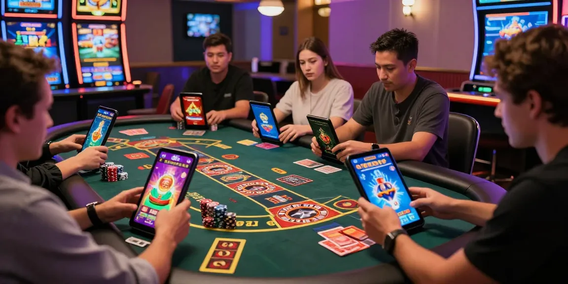 Players enjoying APK Bet Games on mobile devices in a vibrant casino setup