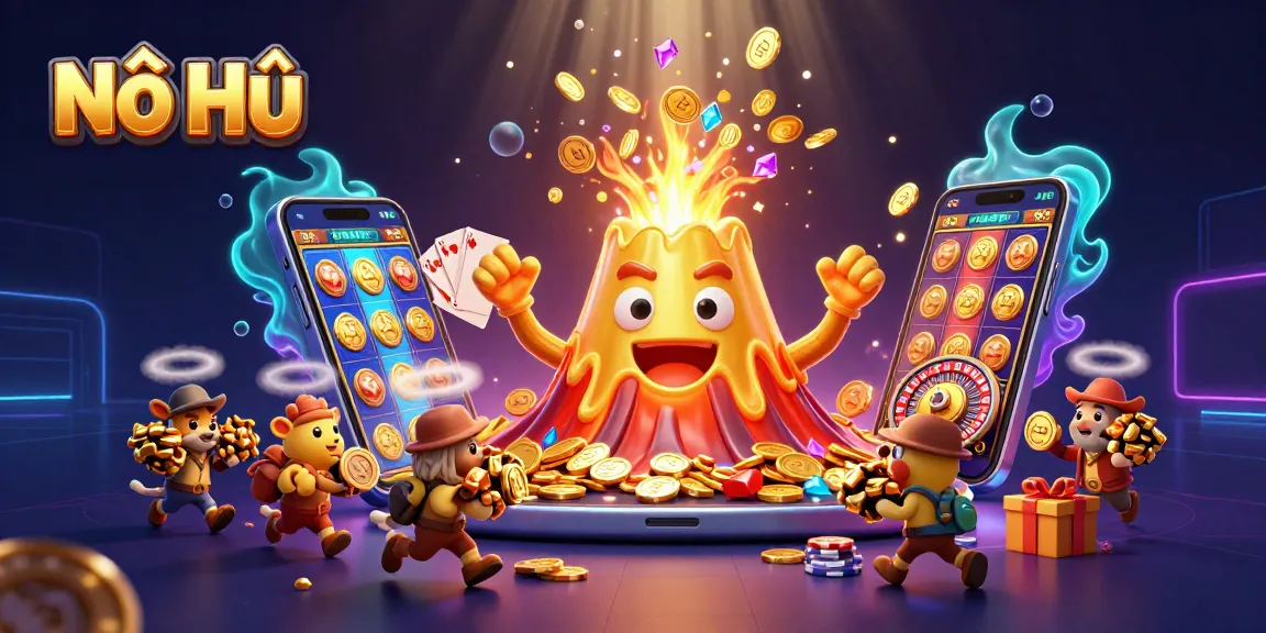Experience the thrill of Nổ Hũ with golden treasures erupting from a volcano in this vibrant illustration.