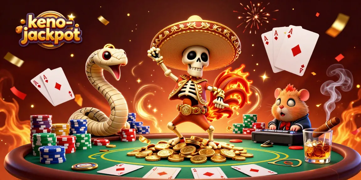 Experience the excitement of keno-jackpot with a festive 3D casino scene filled with vibrant characters and game elements.