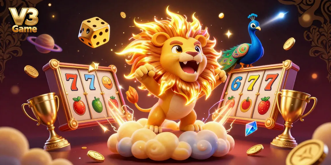 Play exciting V3 Game slots with a vibrant 3D illustration showcasing a sun lion and dynamic casino elements.
