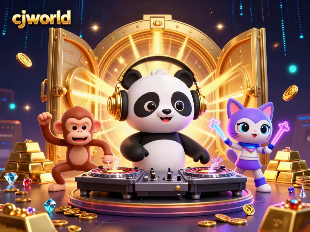 cjworld แสดงตัวการ์ตูนดีเจแพนด้าและลิงเต้นรำในฉากคาสิโนออนไลน์ที่เต็มไปด้วยความสนุก