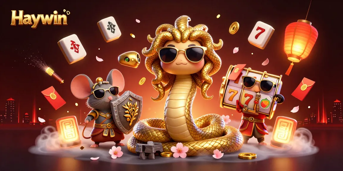 Haywin showcases a vibrant casino scene featuring a friendly Medusa and a warrior mouse amidst slot reels and mahjong tiles.