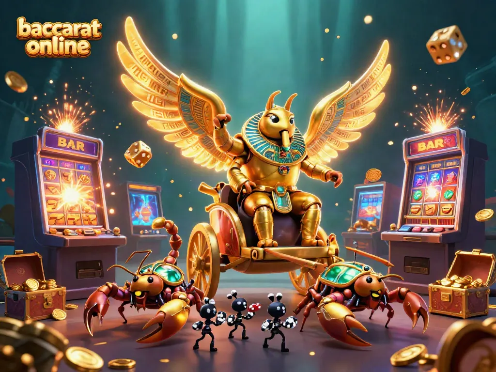 Experience baccarat online with a vibrant 3D illustration featuring dynamic casino elements and characters.