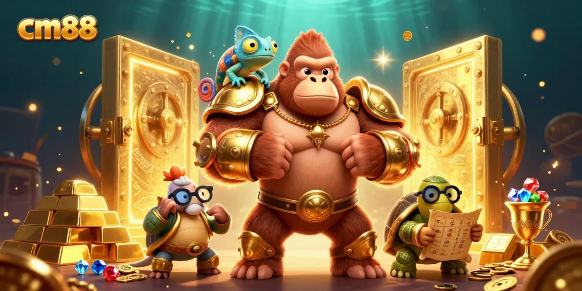 Experience the thrilling magic of cm88 as the powerful gorilla king showcases his strength in a rich casino treasure scene.