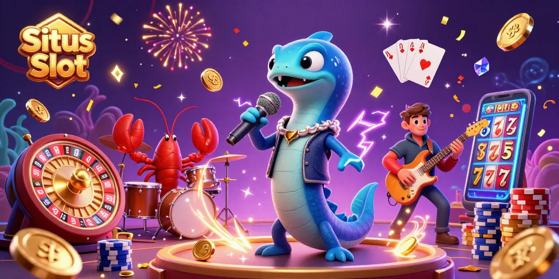 Situs Slot showcases a vibrant underwater casino scene with an electric eel DJ, lobster drummer, and seahorse guitarist amid flying coins and roulette elements.
