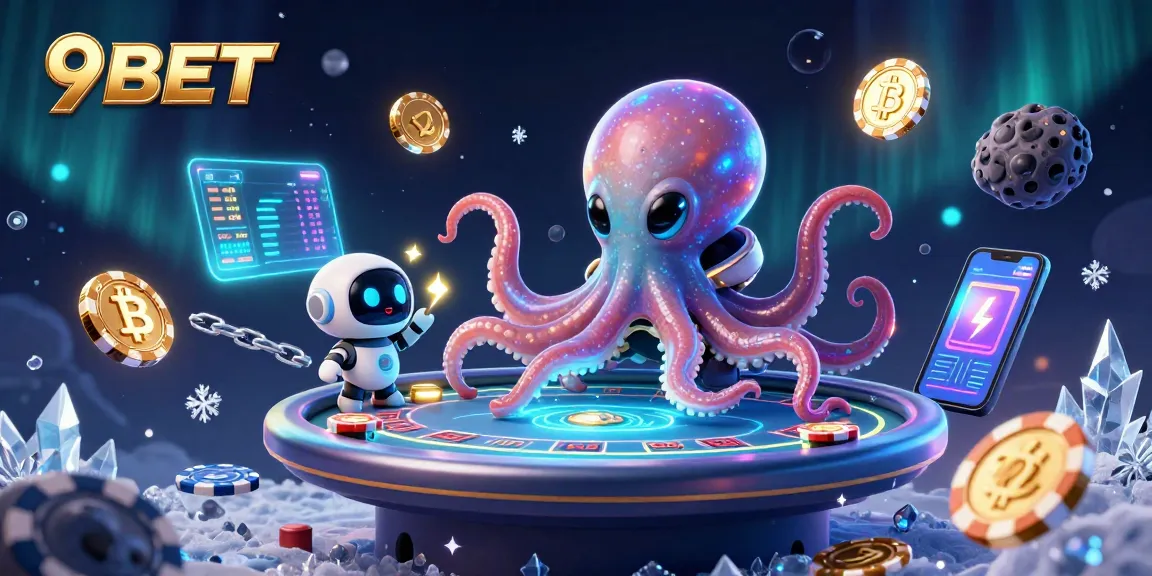 Engage in exciting games with 9BET, featuring an alien octopus at a holographic poker table.