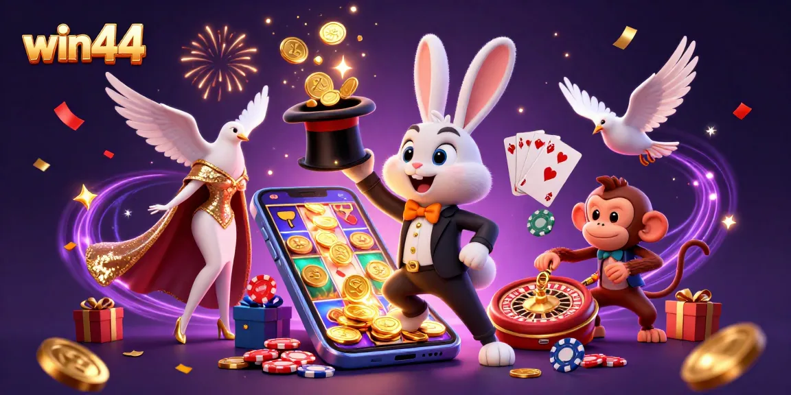 Experience the thrill of win44 with a magician rabbit and vibrant casino elements, showcasing excitement and winnings.