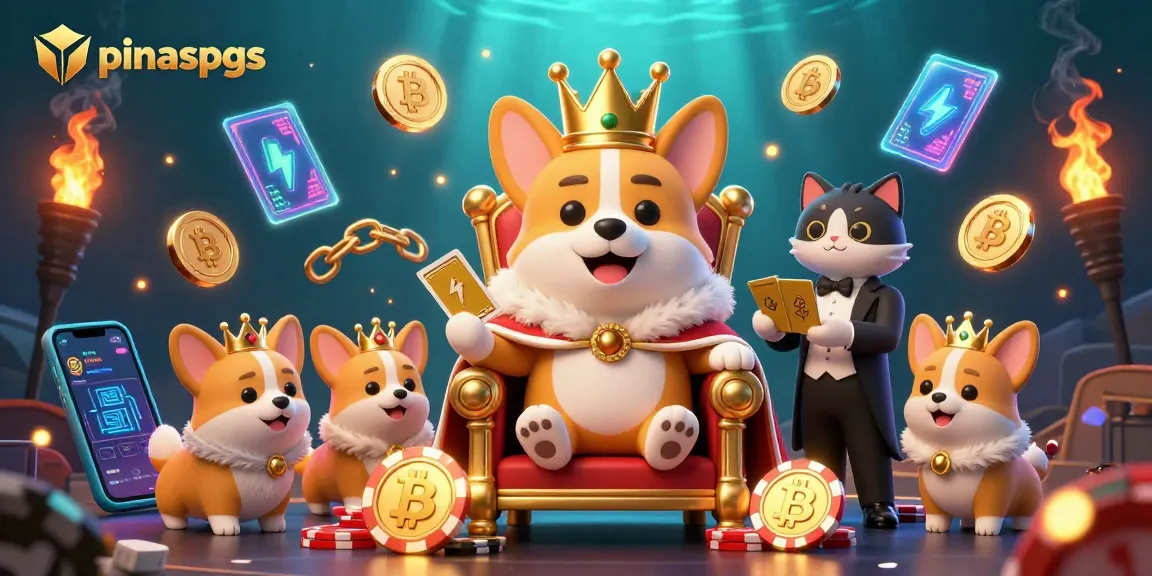 Pinaspgs showcases a royal corgi on poker chips amidst vibrant crypto elements, creating a gambling atmosphere.