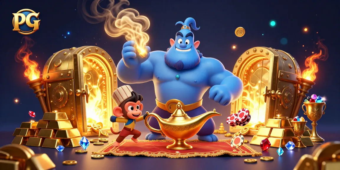Experience the thrill of pg gaming with a vibrant genie and treasure-filled scene.