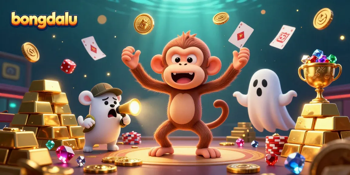Bongdalu features a playful poltergeist monkey and a ghost-hunter puppy in a lively sports betting scene, showcasing excitement.