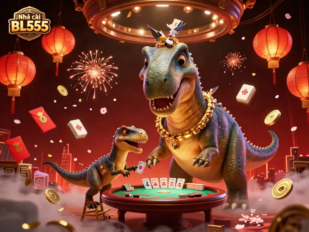 Experience the vibrant world of Nhà cái BL555, where a majestic brontosaurus oversees a poker game amid floating mahjong tiles and festive decorations.