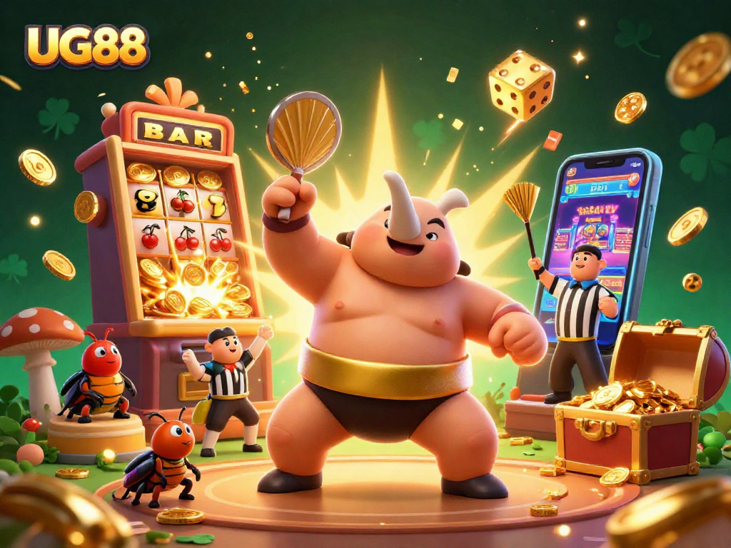 Experience the thrill of UG88 with a dynamic scene of a beetle sumo champion amidst casino excitement.