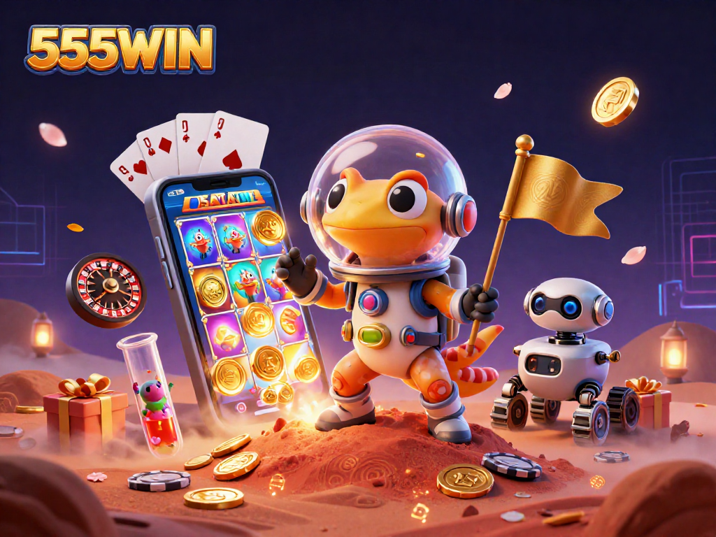 Join the Martian gecko's casino adventure at 555WIN, where cosmic jackpots await!