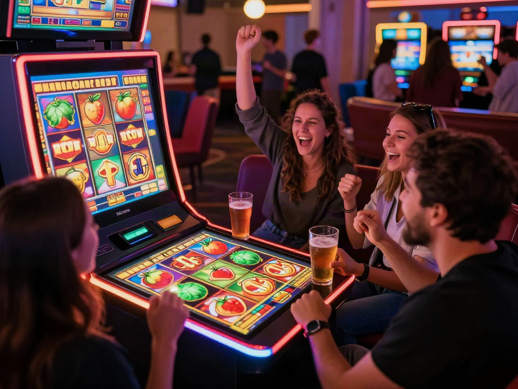 Exciting rutanslot gaming scene with friends celebrating a big win at a digital slot machine in a vibrant casino ambiance.