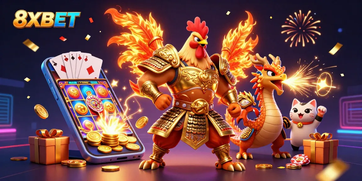 Engage with 8XBET's vibrant casino experience, featuring dynamic casino characters amidst gaming elements.
