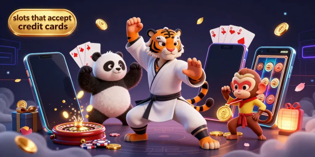 Engage with exciting slots that accept credit cards amidst vibrant 3D casino elements and playful characters.