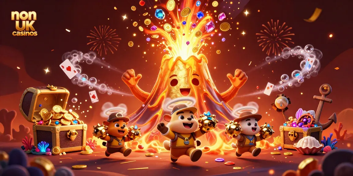 Exciting gameplay at non UK casinos with a golden volcano erupting treasures and animated characters.