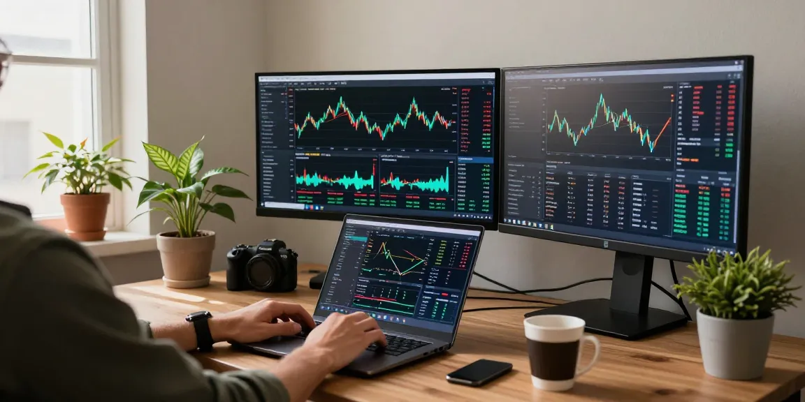 Playexch247 cryptocurrency trading setup with multiple screens showing live market data and blockchain transactions in a cozy home office.