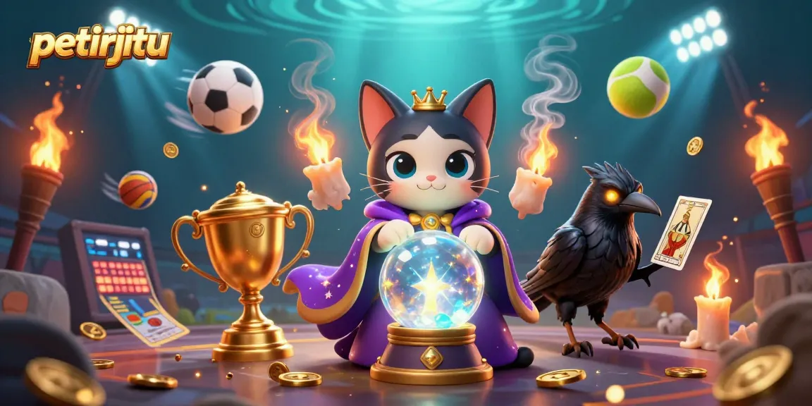 Mengambil keputusan di petirjitu, kucing peramal dengan bola kristal dan burung gagak sedang bermain kartu taruhan.