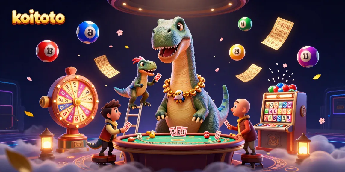 Koitoto offers immersive lottery experience with vibrant winning elements, featuring a giant brontosaurus and dynamic game action.