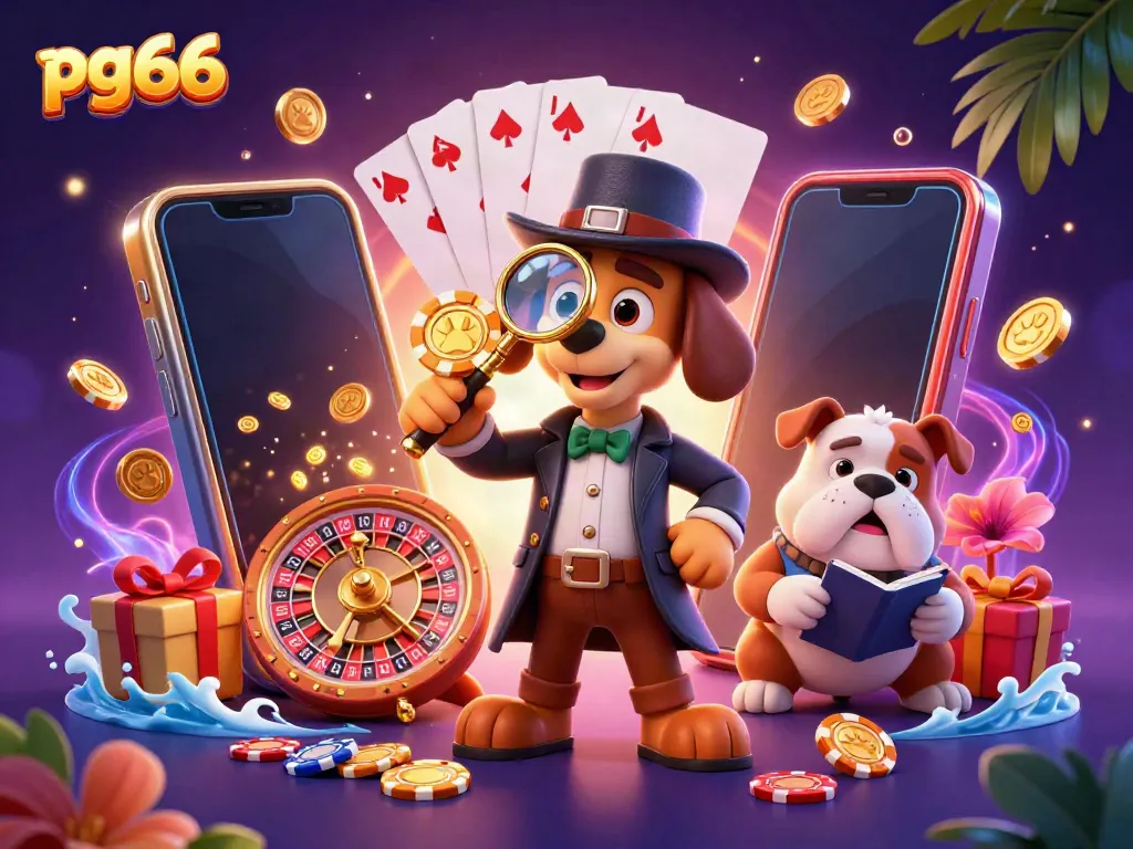 pg66 reveals treasure clues in a vibrant 3D casino scene with slot games, poker chips, and lively characters.