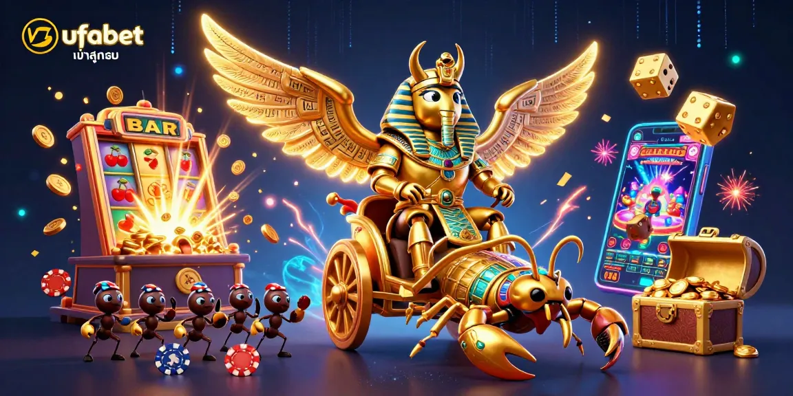 Engage with ufabet เข้าสู่ระบบ in this vibrant casino scene featuring a golden scarab beetle and dynamic game elements.