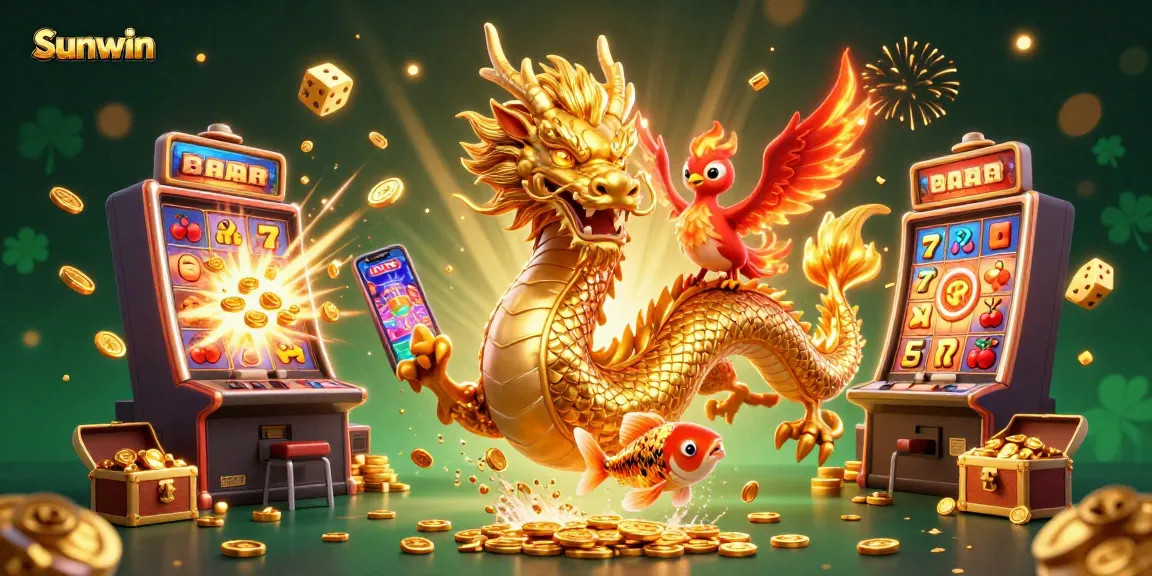Experience the thrill of Sunwin with dynamic scenes of gaming, jackpots, and fantasy elements.