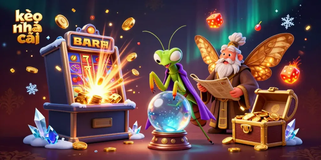 Enhance your betting experience with kèo nhà cái's lively casino illustration featuring slot machines and fortune tellers.