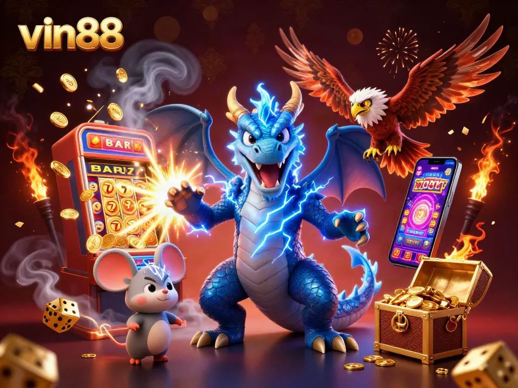 Experience exciting casino moments with vin88 in this dynamic 3D illustration featuring vibrant characters and game elements.