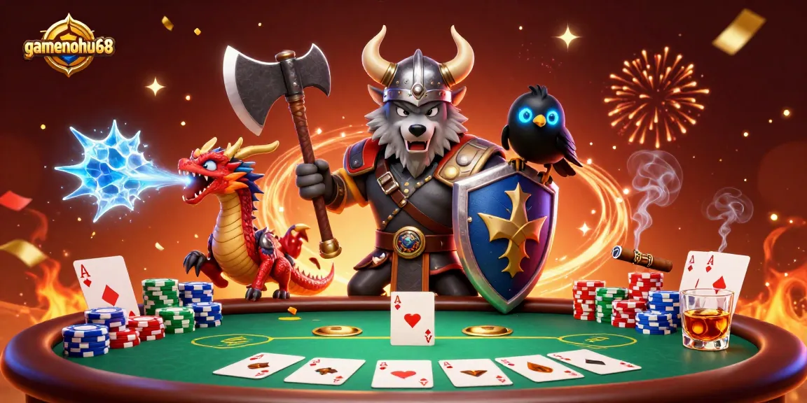 Engage in the thrilling action with gamenohu68 at a vibrant poker scene featuring mythical characters.